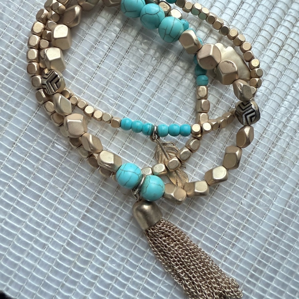 Boho Turquoise & Gold Beaded Bracelet Set with Charms
